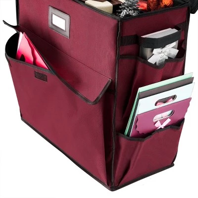 Gift Bag Organizer-20" Storage Tote with 4 Pockets for Wrap, Tissue Paper, Ribbon, Boxes & Cards-Christmas, Birthday by Hastings Home (Red) 4 Gift Bag Organizer-20" Storage Tote with 4 Pockets for Wrap, Tissue Paper, Ribbon, Boxes & Cards-Christmas, Birthday by Hastings Home (Red) - Image 2