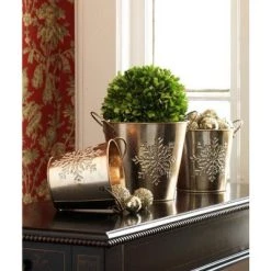 Diva At Home Set of 3 Gold Colored with Silver Glitter Snowflake Designs Christmas Buckets 6.75”
