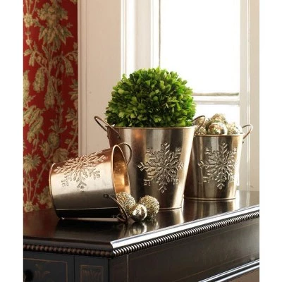 Diva At Home Set of 3 Gold Colored with Silver Glitter Snowflake Designs Christmas Buckets 6.75” 3 Diva At Home Set of 3 Gold Colored with Silver Glitter Snowflake Designs Christmas Buckets 6.75”