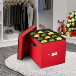 OSTO Christmas Ornament Storage Box with Lid and Trays; Fits 36 Holiday Ornaments of 4 inches Tear Proof, Waterproof, 600D Polyester