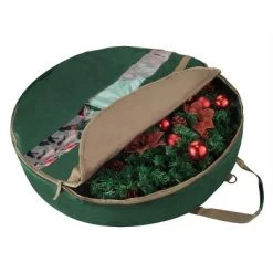 Hastings Home Artificial Wreath Storage Bag For Holiday and Christmas Wreaths and Garlands - 48", Green/Gold