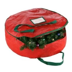 Hastings Home Wreath Storage Bag With Zipper Closure and Handles - 24", Red/Green