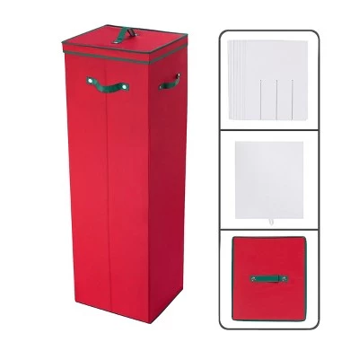 Hastings Home Wrapping Paper Upright Storage Box for 20 Rolls of 40" Gift Wrap With Lid, Dividers and Handles - Red With Green Handles 4 Hastings Home Wrapping Paper Upright Storage Box for 20 Rolls of 40" Gift Wrap With Lid, Dividers and Handles - Red With Green Handles - Image 2