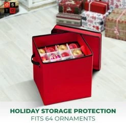 Front Page 37 OSTO Squared Christmas Decorative Ornament Storage Box with Lid Fits 64 Holiday Ornaments of 3 in. Tear Proof, Waterproof 600D Polyester