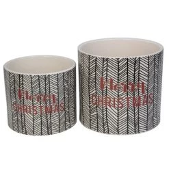 Melrose Set of 4 White and Black Holiday Slogan Printed Christmas Pots 6"